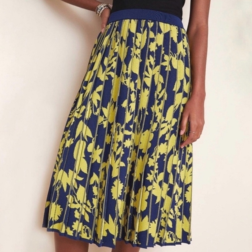 Anthropologie Leandra Pleated Sweater Skirt Yellow Blue Floral NWT
